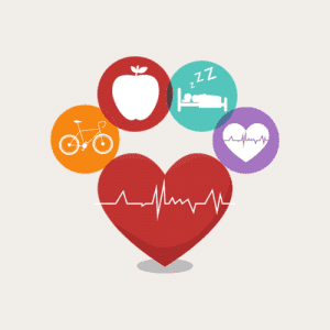 Grafik zum Thema Gesundheitstag: Herz, Fahrrad, Apfel, Bett in Kreisen angeordnet