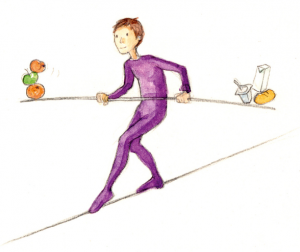 Eine animierte Person balanciert mit gesunden und ungesunden Lebensmitteln auf einem Seil